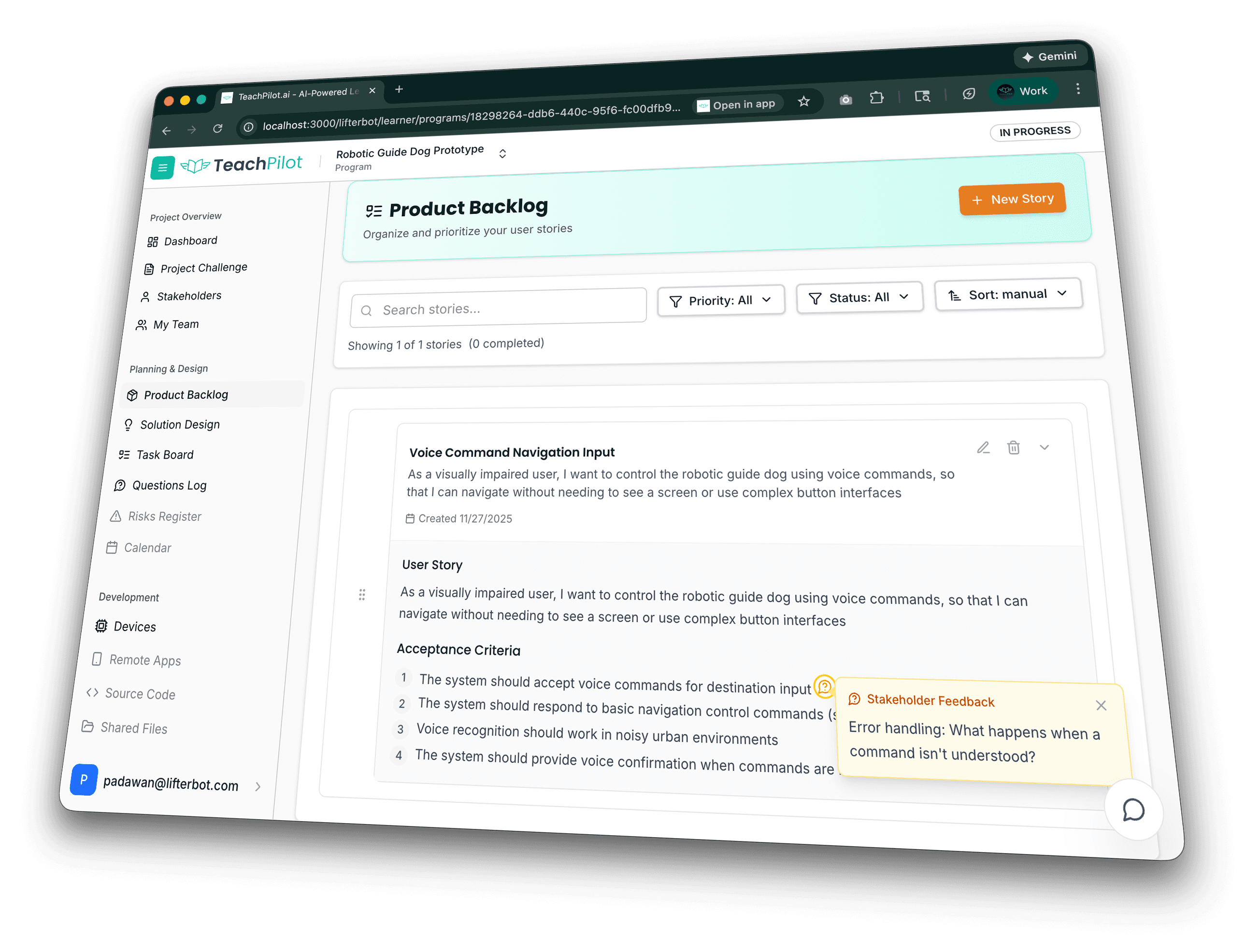 TeachPilot user story feedback interface